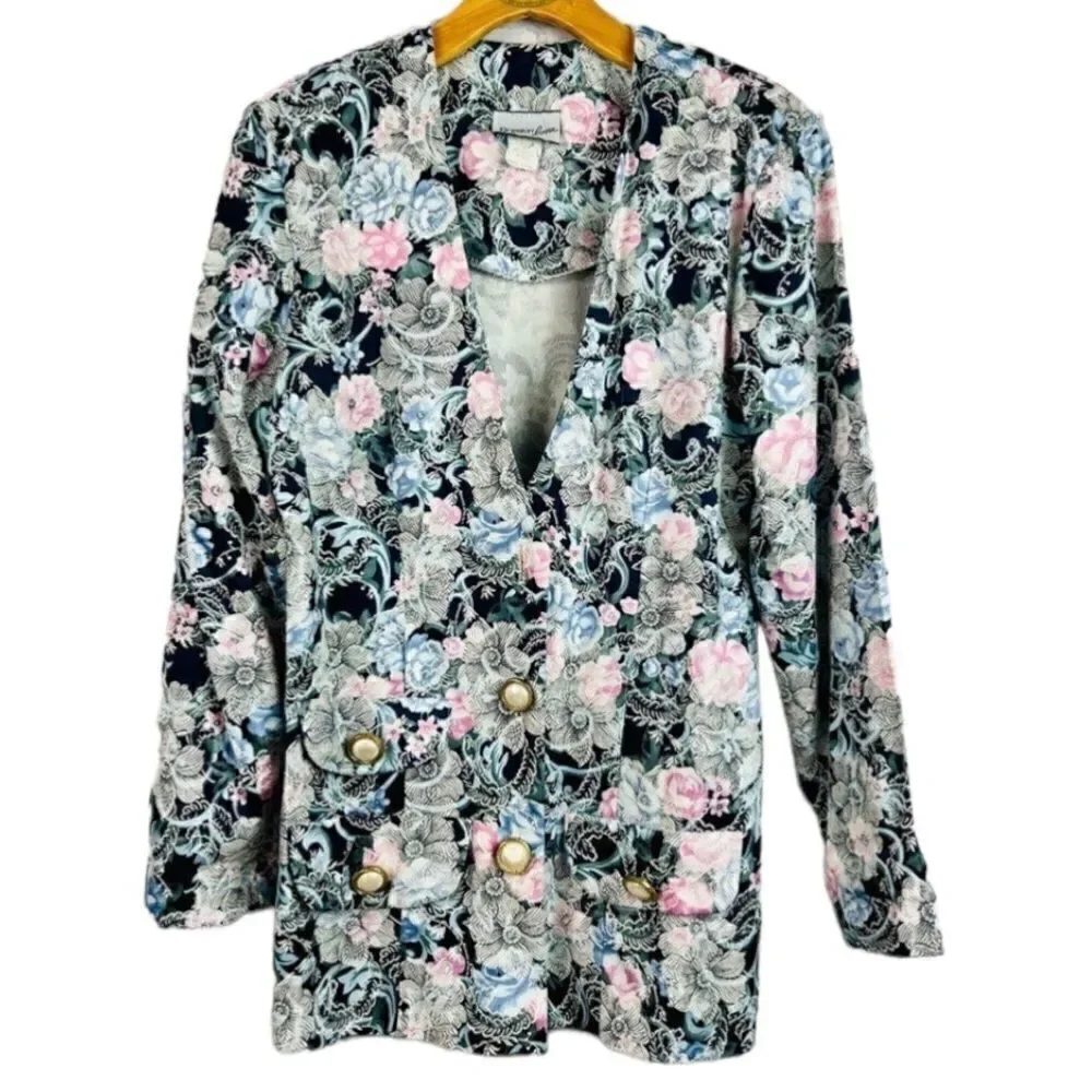 Vintage 90s Breakin’ Loose Navy Floral Tapestry Blazer